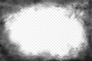 Black realistic clouds around the horizontal ractangular frame with empty space for text or inscription. Vector smog or stormy like cloudiness isolated on transparent background