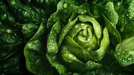 Fototapeta premium Fresh green lettuce with water droplets showing vibrant texture and detail on leaves in a garden setting during daylight