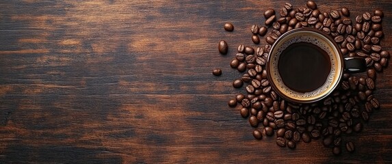 A steaming cup of coffee surrounded by roasted coffee beans on a rustic wooden table
