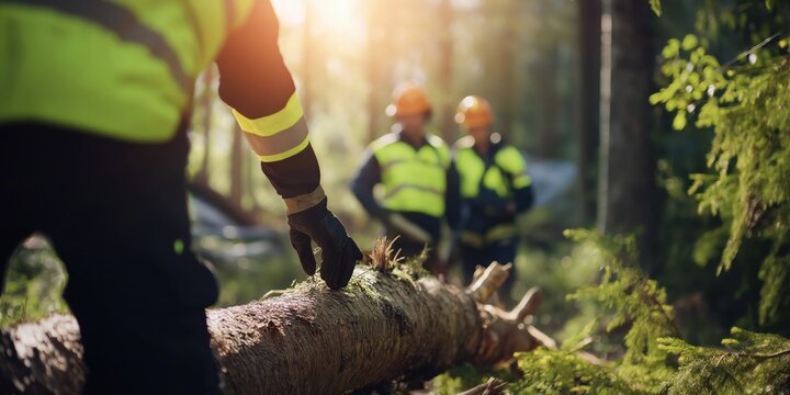 Three workers wearing safety gear manage a felled tree in a sunlit forest, showcasing teamwork, industry, and nature's green ambiance under a warm glow.