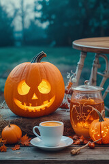 Halloween pumpkin with skeleton hand and cup of tea on bench at home