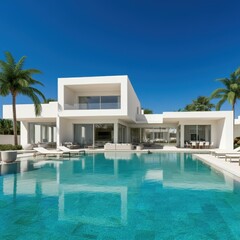 Fototapeta premium Exterior of amazing modern minimalist cubic villa with large swimming pool among palm trees. Created with generative Ai