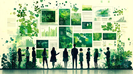 A group of people stand before a wall of green data and documents, symbolizing sustainability.