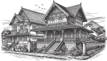 Fototapeta premium Detailed Black and White Sketch of Traditional Houses. generative AI.