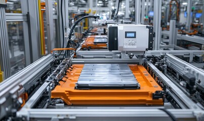 Fototapeta premium Close-up of an electric vehicle battery being assembled on a factory production line.