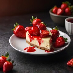 Yummy tasty strawberry cheesecake in a form of a heart on a black background. Celebrating of Valentines day. Dark food template for restaurant menu business. Romantic sweet gift. Tasty present.