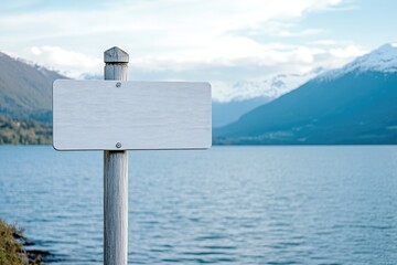Mock-Up Signpost Featuring Logo Beside Calm Lake
