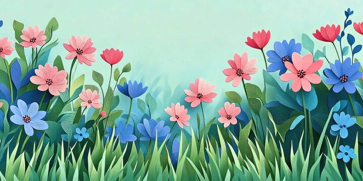 Blooming spring flowers in a meadow A field of cornflowers among lush green grass Gentle spring backdrop featuring ample space for text and personalization