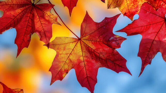 A group of red, orange, and yellow maple leaves in autumn hanging scattered on the tree branch against blue sky background