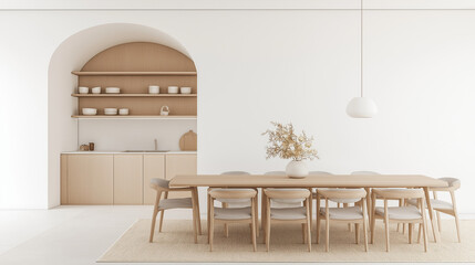 A dining room with an arched white wall, wood and light grey chairs around the table, wooden shelves on one side of the kitchen, a beige Persian rug under the coffee table.