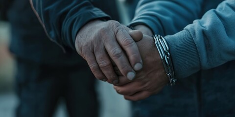 Fototapeta premium This image captures a close-up shot of two hands in an emotive handshake, where one person is handcuffed. This scene depicts themes of justice and connection.