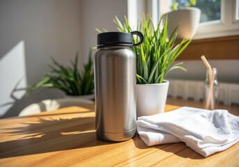 Stylish Stainless Steel Water Bottle on Wooden Table