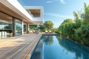 Fototapeta premium Modern wooden terrace with swimming pool, bamboo bushes, and garden furniture under blue sky. Clean design and serene outdoor space.