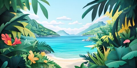 Tropical paradise with lush greenery and serene beaches, Tranquil tropical paradise with vibrant foliage and peaceful shorelines