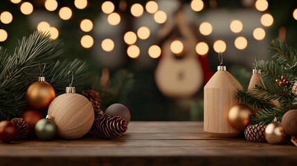 A cozy holiday scene featuring festive decorations, including ornaments, pine cones, and wooden accents, embellished with soft glowing lights.