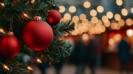 A close-up of a decorated Christmas tree with red ornaments, illuminated by festive lights, creating a warm and cheerful holiday atmosphere.