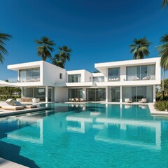 Fototapeta premium Exterior of amazing modern minimalist cubic villa with large swimming pool among palm trees. Created with generative Ai