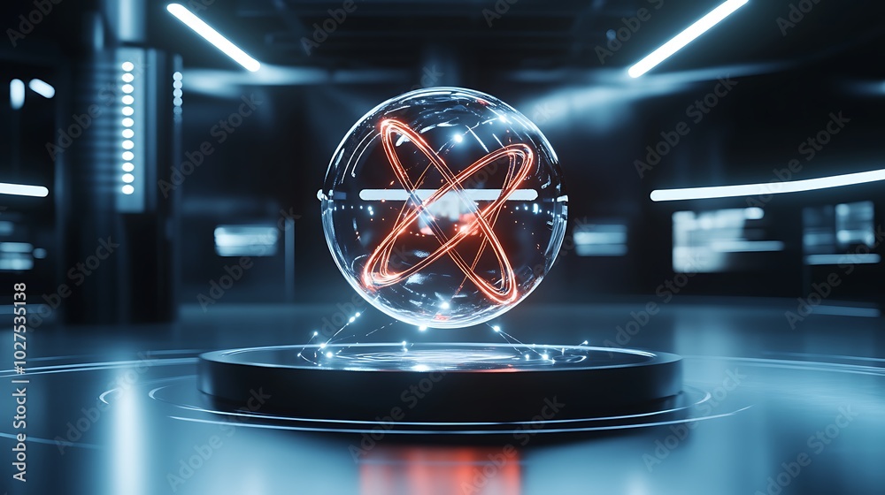 Poster a futuristic physics lab with interactive digital models of quantum entanglement and particle intera
