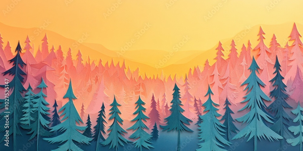Poster Aerial view of a vibrant forest with pine trees illuminated by the warm glow of sunset, Aerial view of a colorful forest with sunlight shining on pine trees
