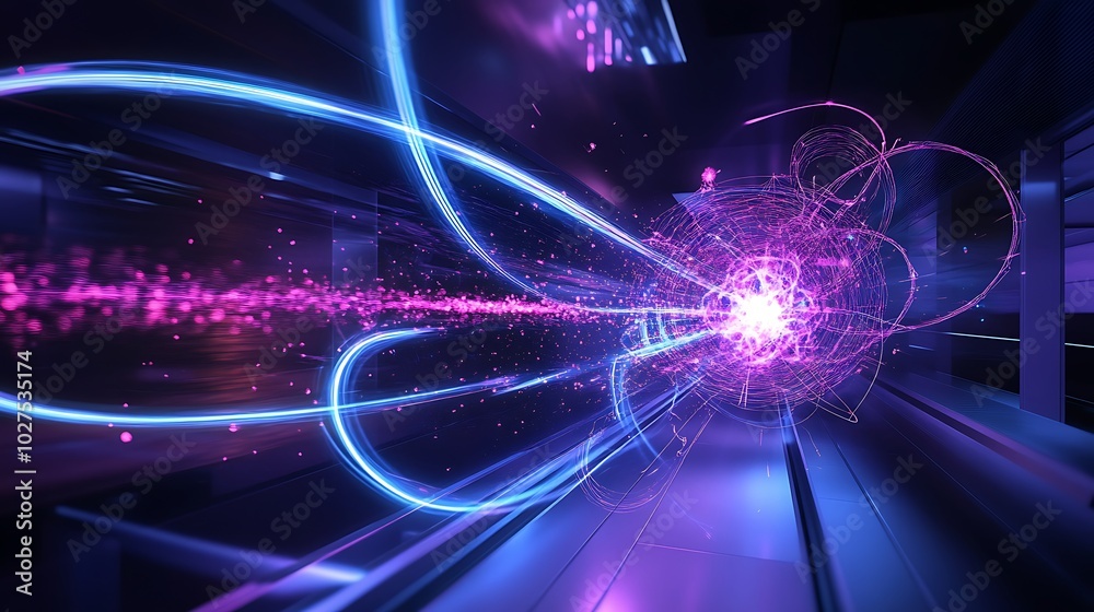 Poster a futuristic physics lab with interactive digital models of quantum entanglement and particle intera