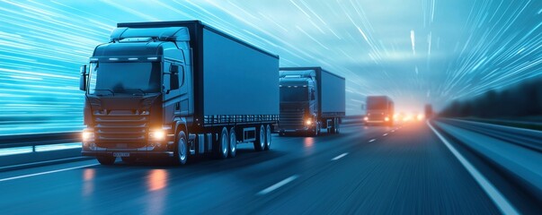 Fast-moving trucks on a highway with motion blur, capturing the rush of transportation.