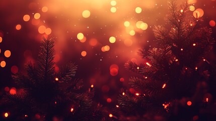 Obraz premium Festive Christmas Trees with Warm Bokeh Lights on a Red Background