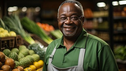 A man is smiling in front of a fruit and vegetable stand