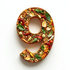 3D number 9 with spices texture realistic modern design, soft lighting, white background 