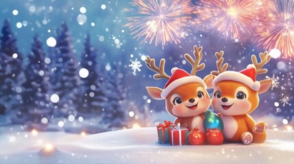 Cute 3D reindeer-costumed animals huddle together in a snowy landscape while bright fireworks create a colorful display above them.