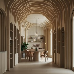 Minimalist interior design of modern dining room with abstract wood paneling arched wall.