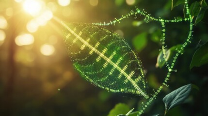 Futuristic leaf featuring complex DNA patterns, genetically optimized for rapid expansion and enhanced environmental sustainability.
