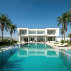Exterior of amazing modern minimalist cubic villa with large swimming pool among palm trees. Created with generative Ai