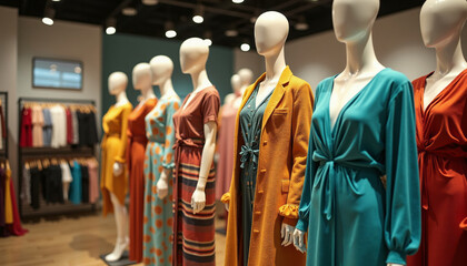 Variety of fashionable outfits displayed on mannequins in a boutique clothing store, showcasing trends and style. Suitable for fashion, retail, or merchandising themes.