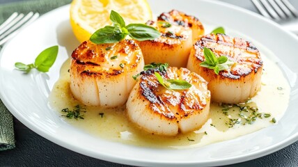 Grilled scallops with lemon and herbs on a white plate, elegant presentation.