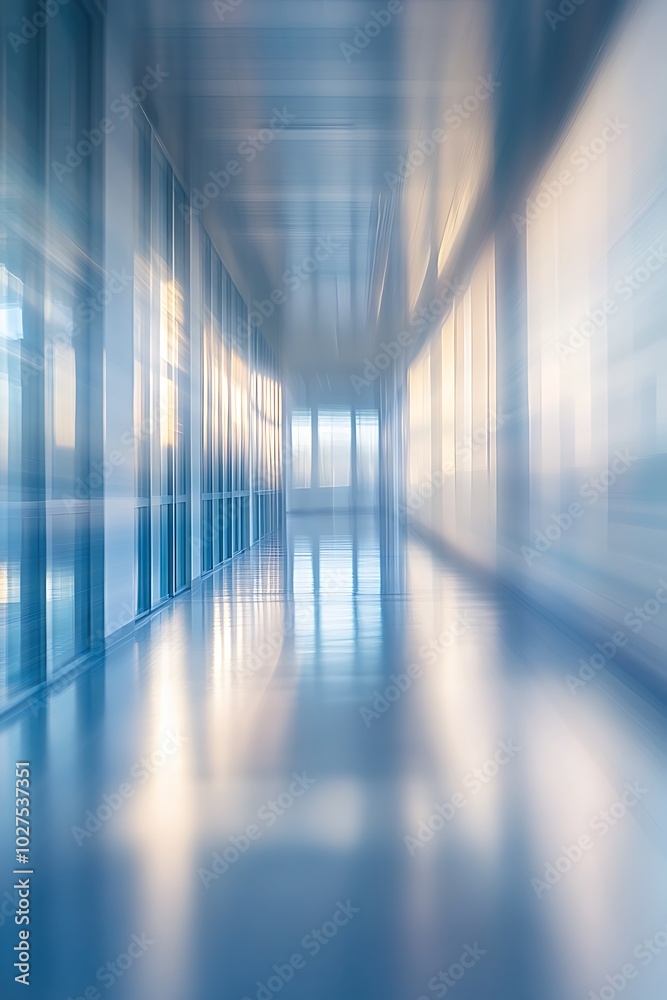 Poster a serene corridor with a sleek design, featuring glass walls that reflect soft light, creating a tra