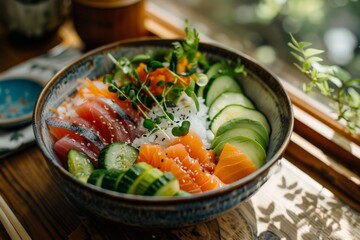 Fresh sushi bowl with vegetables and salmon in sunlit setting