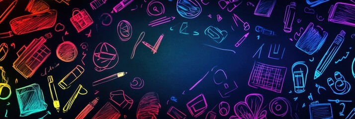 Vibrant Neon School Supplies Doodles on Black Chalkboard Background