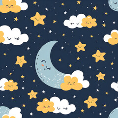 Cute pattern with smiling clouds, moons, and stars on a blue background. Whimsical and playful design, perfect for children's themes