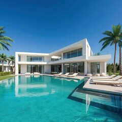 Exterior of amazing modern minimalist cubic villa with large swimming pool among palm trees. Created with generative Ai
