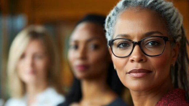 A confident black mature woman with gray hair and glasses is in focus, surrounded by two women in soft focus, showcasing strength and unity
