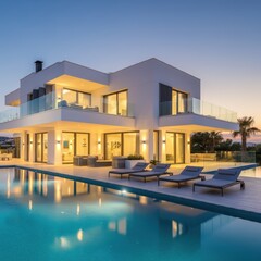 Fototapeta premium Exterior of modern minimalist cubic villa with swimming pool at sunset. Created with generative Ai