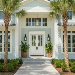 Main entrance door. White front door with porch. Exterior of georgian style home cottage house with columns.