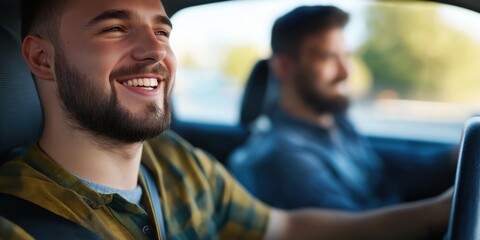 Fototapeta premium Two friends sharing a joyous moment while driving, with one smiling broadly, symbolizing companionship and the simple pleasures of a carefree journey.