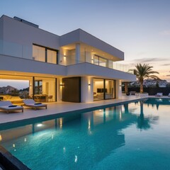Fototapeta premium Exterior of modern minimalist cubic villa with swimming pool at sunset. Created with generative Ai