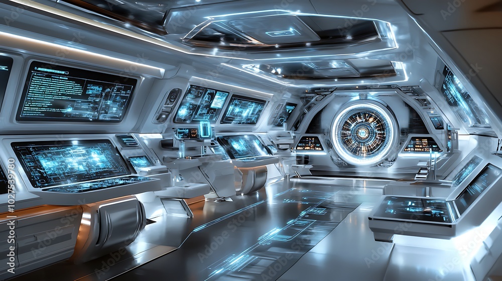 Poster a futuristic physics lab with digital tools for exploring the properties of exotic particles and hig