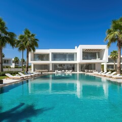 Fototapeta premium Exterior of amazing modern minimalist cubic villa with large swimming pool among palm trees. Created with generative Ai