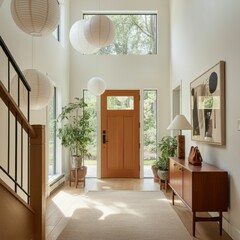 Wooden cabinet near window and staircase. Scandinavian interior design of modern entrance hall.