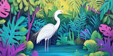 A white heron perched in a lush mangrove forest, A heron standing in a vibrant mangrove forest