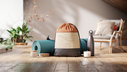 A yoga bag with a mat, blocks, and water bottle sits in a serene indoor setting, promoting mindfulness, relaxation, and a healthy lifestyle.