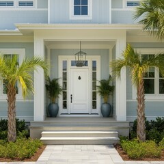 Main entrance door. White front door with porch. Exterior of georgian style home cottage house with columns.